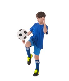 Photo of Boy with soccer ball playing football on white background