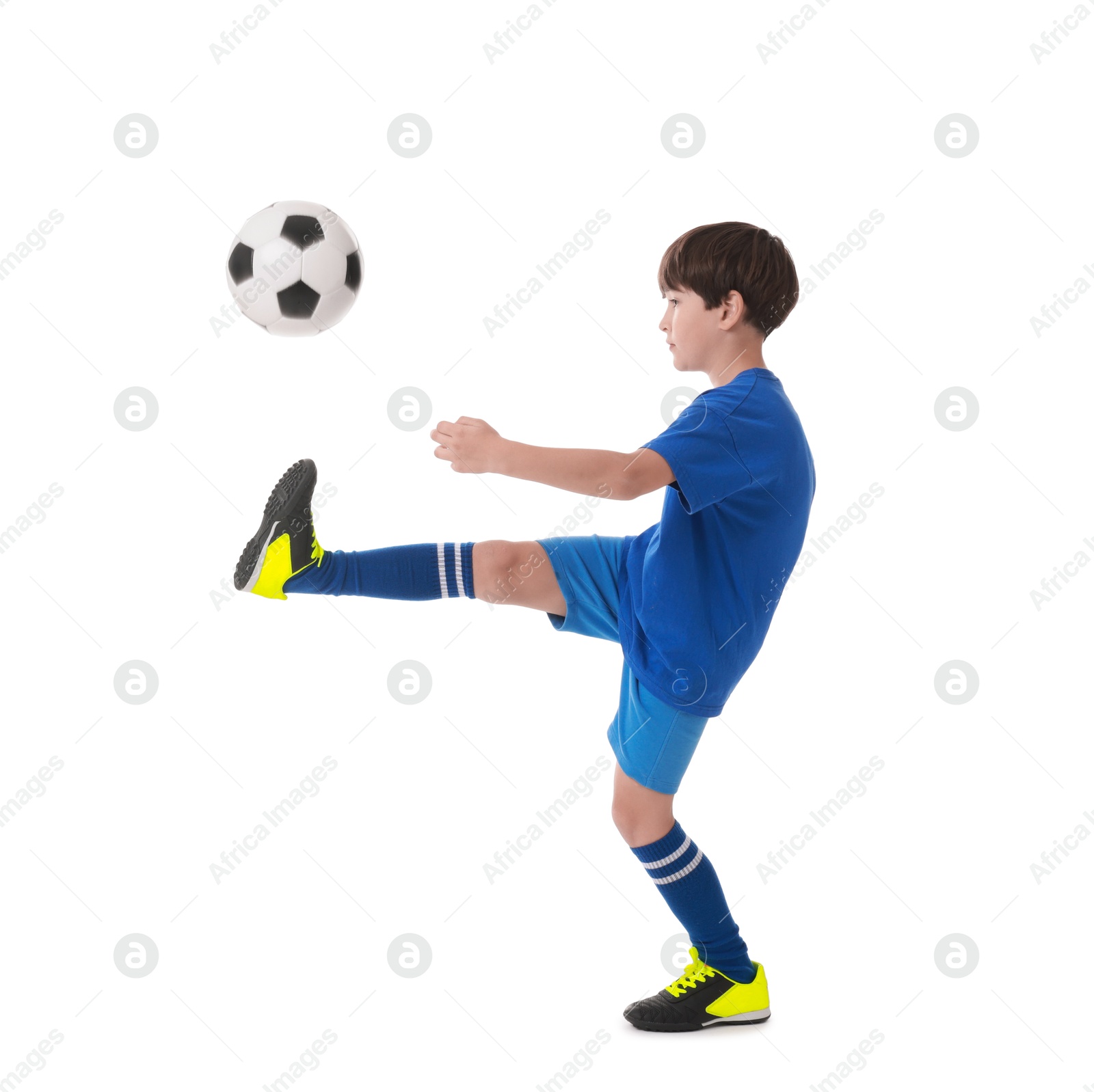 Photo of Boy with soccer ball playing football on white background