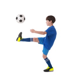 Boy with soccer ball playing football on white background