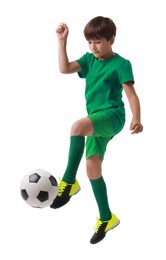 Photo of Boy with soccer ball playing football on white background