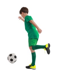 Boy with soccer ball playing football on white background