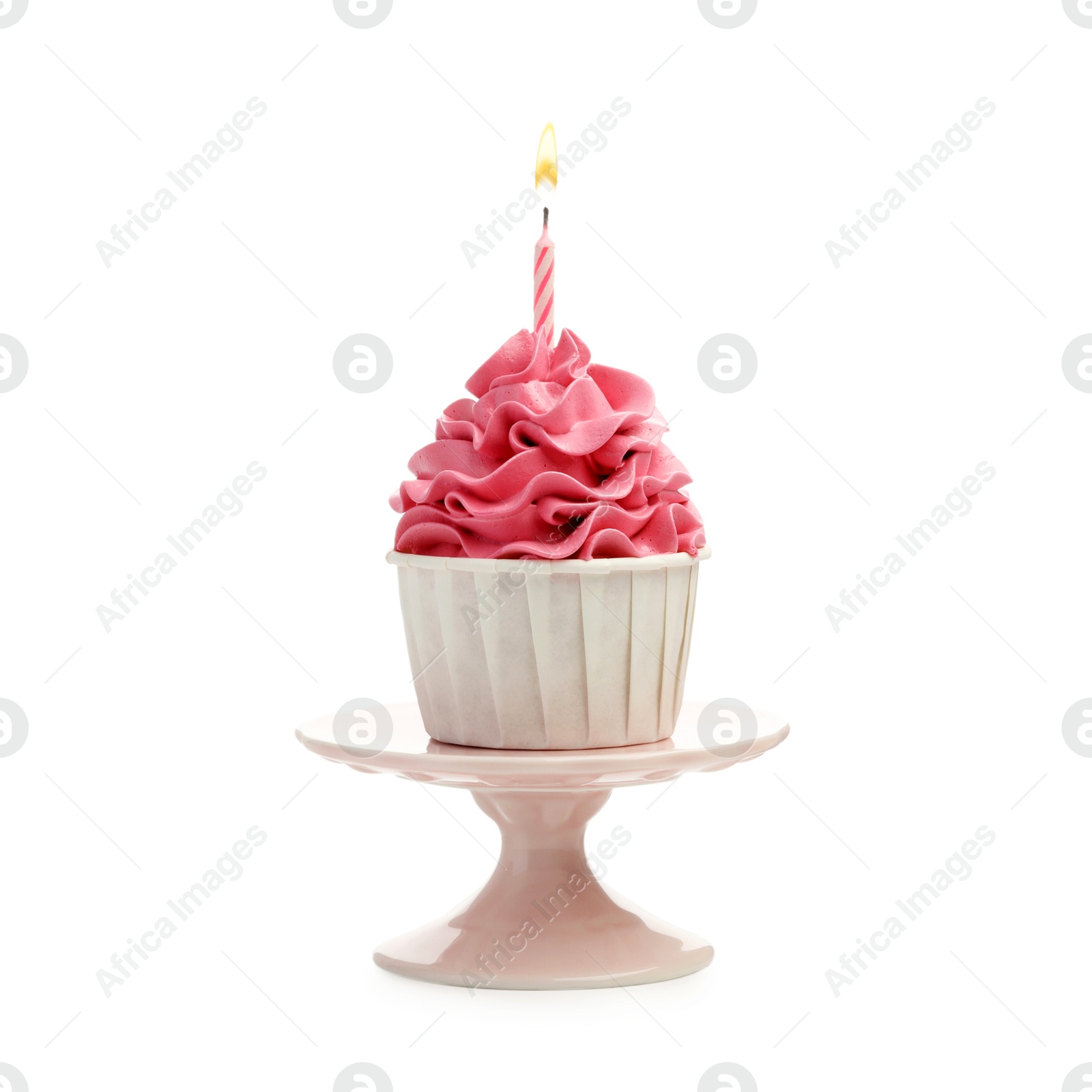 Photo of Tasty cupcake with candle isolated on white