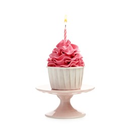 Photo of Tasty cupcake with candle isolated on white