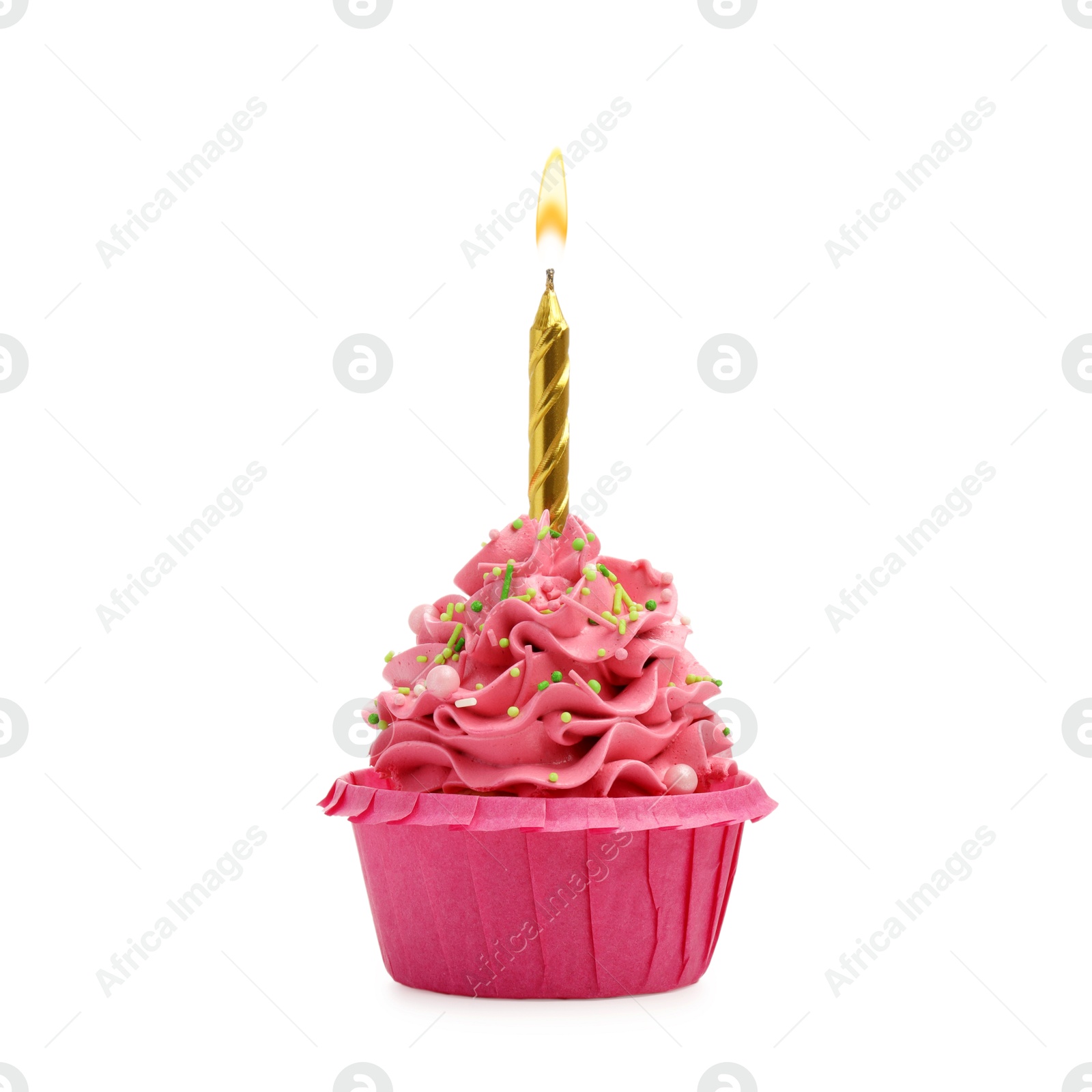 Photo of Tasty cupcake with candle isolated on white