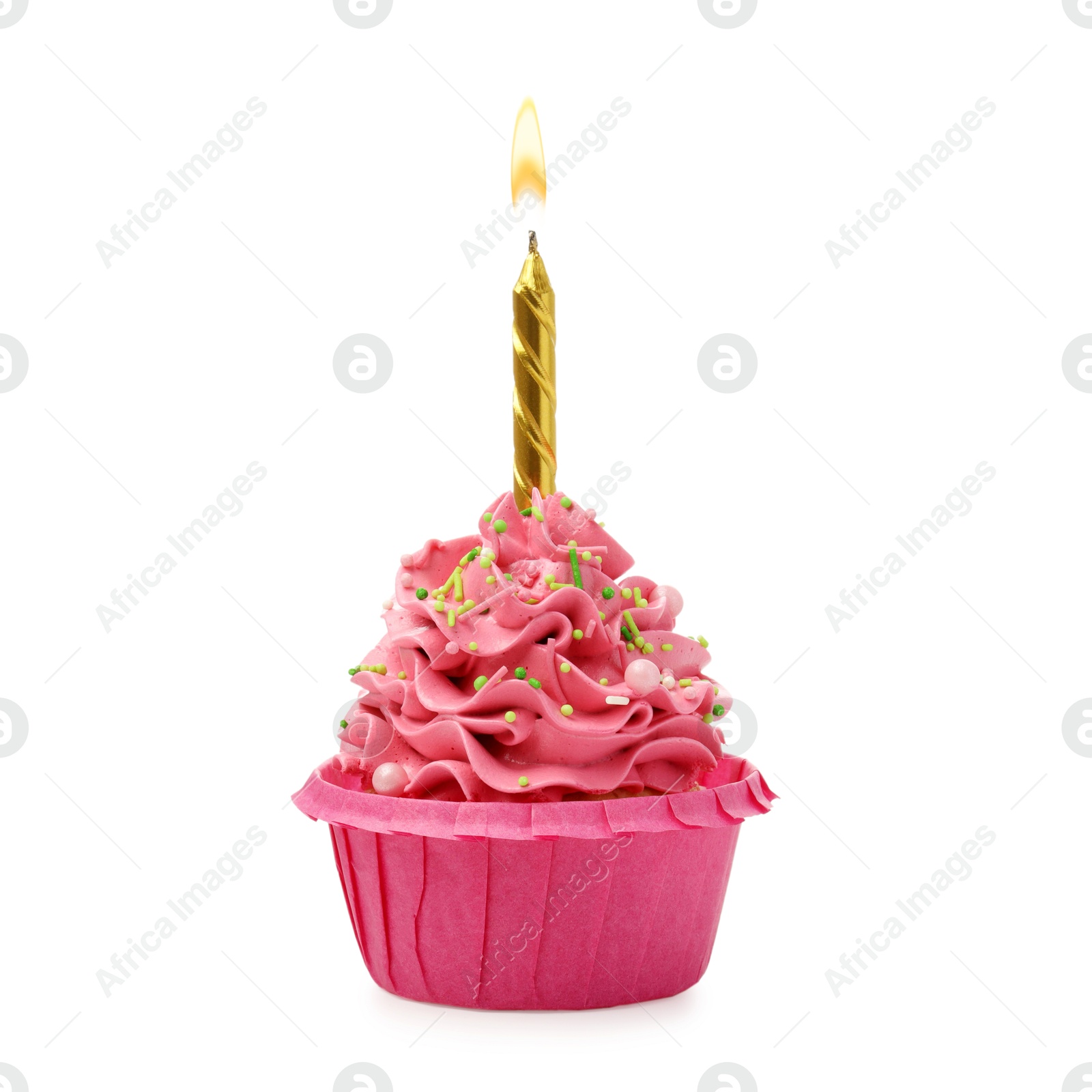 Photo of Tasty cupcake with candle isolated on white