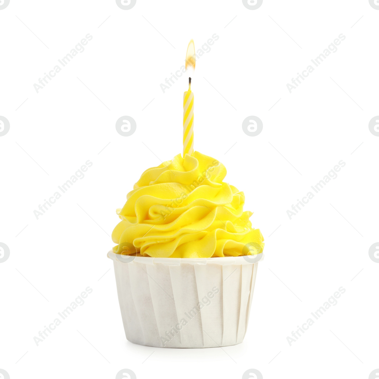 Photo of Tasty cupcake with candle isolated on white