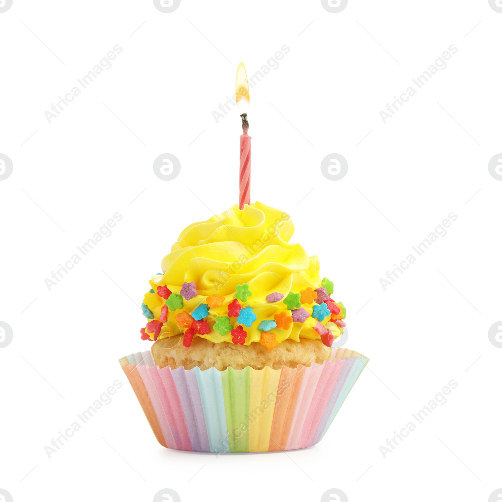 Photo of Tasty cupcake with candle isolated on white