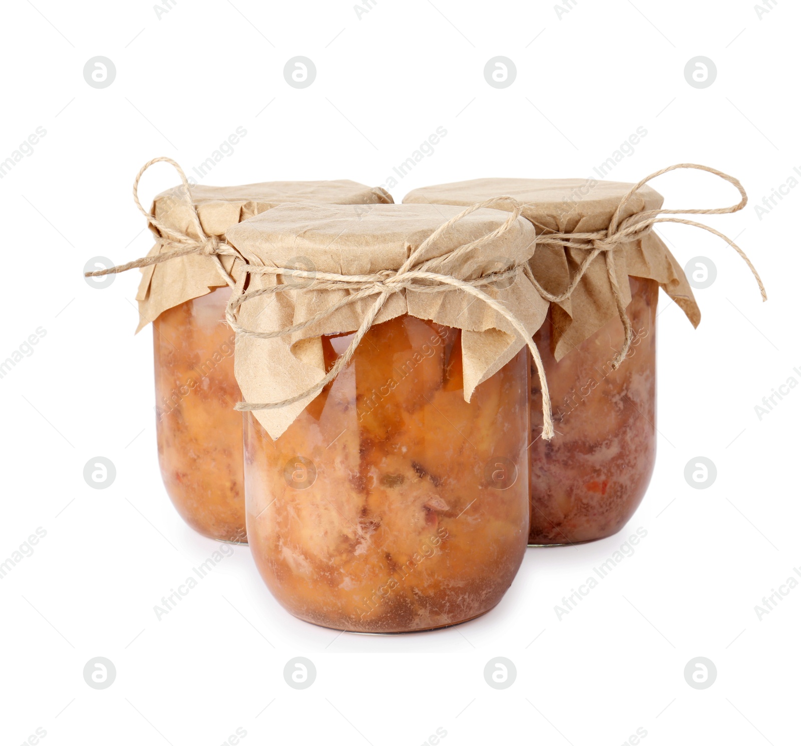 Photo of Canned meat in glass jars isolated on white