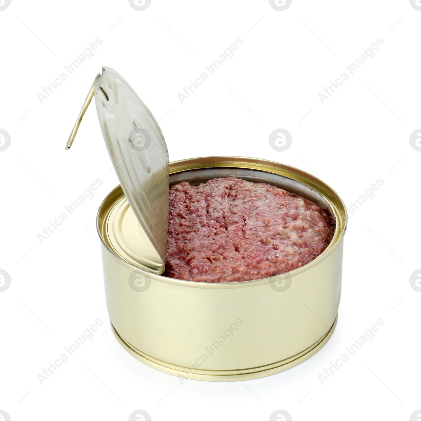 Photo of Canned meat in tin can isolated on white