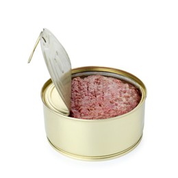 Photo of Canned meat in tin can isolated on white