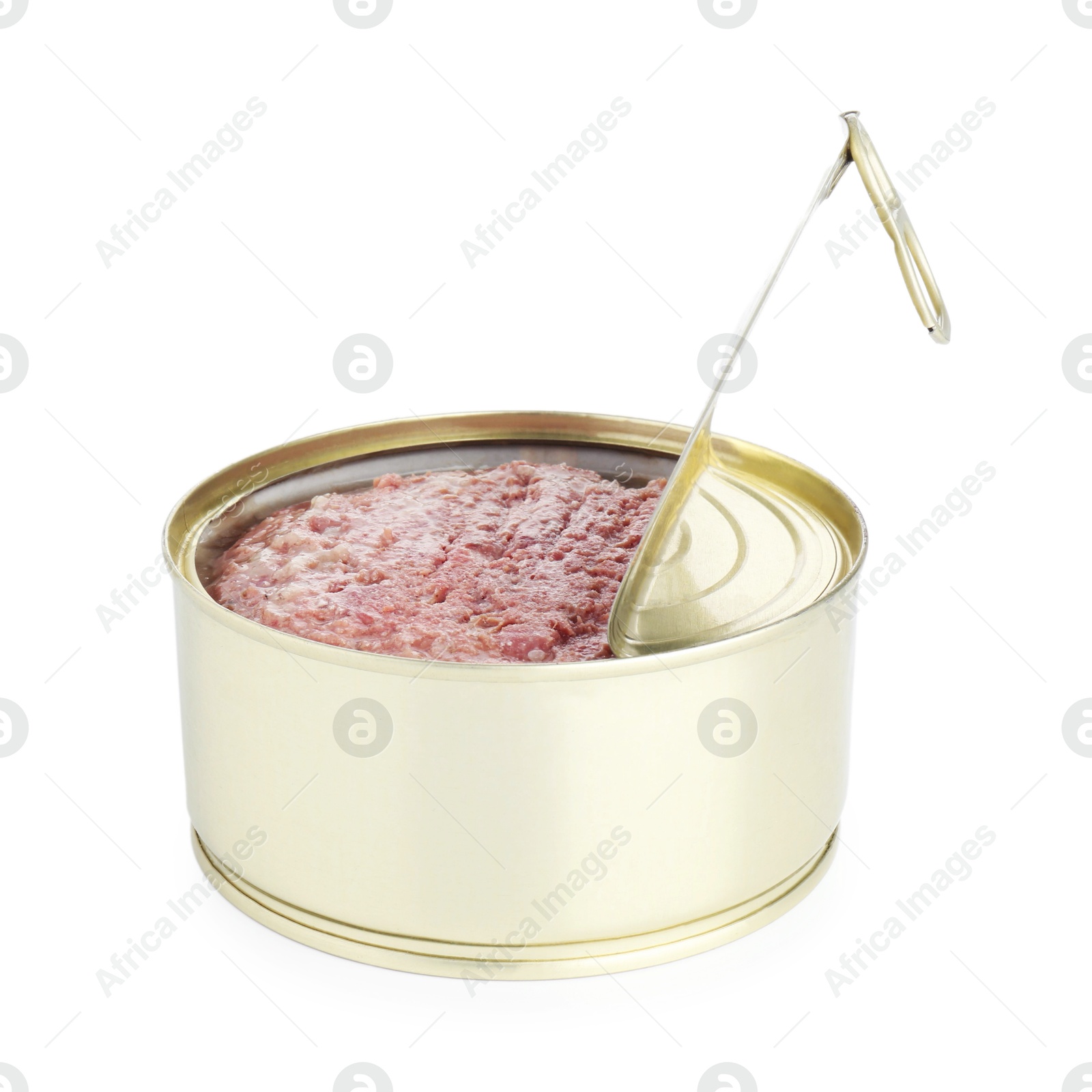 Photo of Canned meat in tin can isolated on white