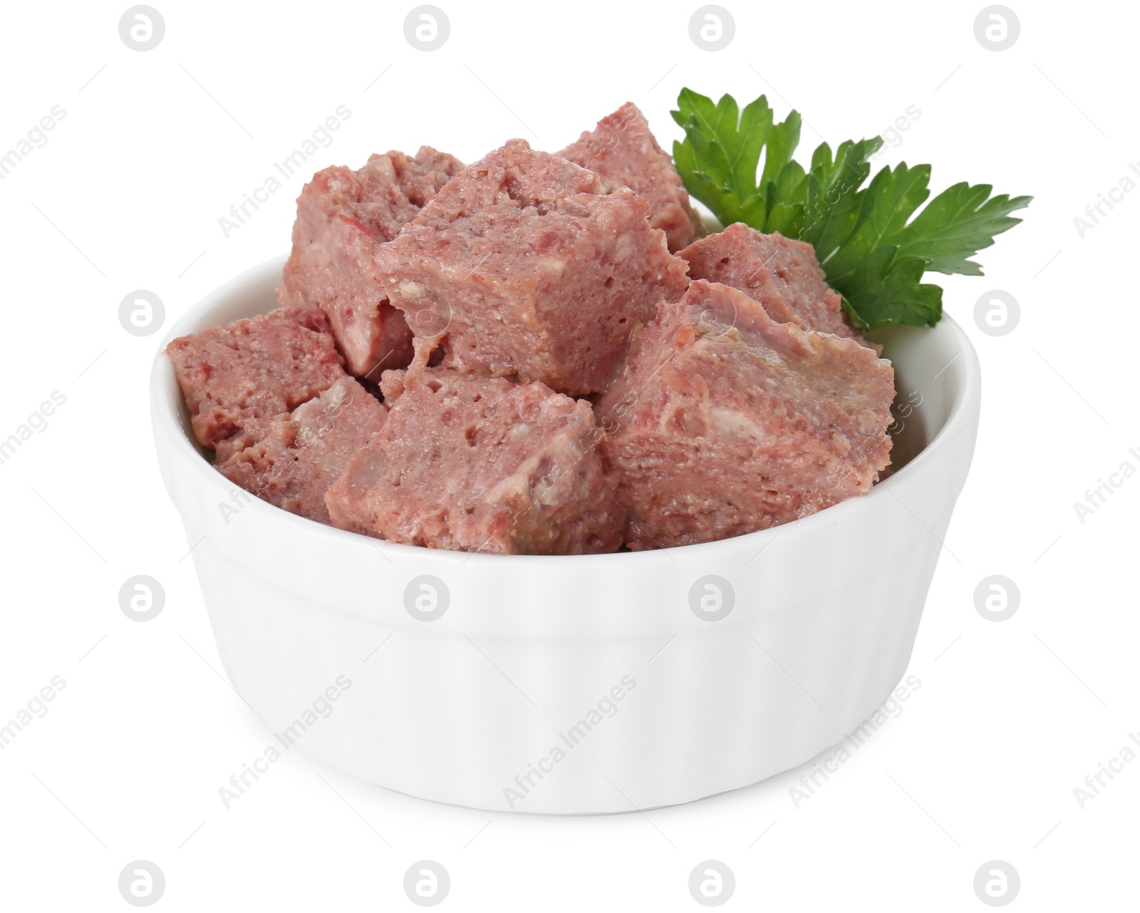 Photo of Canned meat with fresh parsley in bowl isolated on white