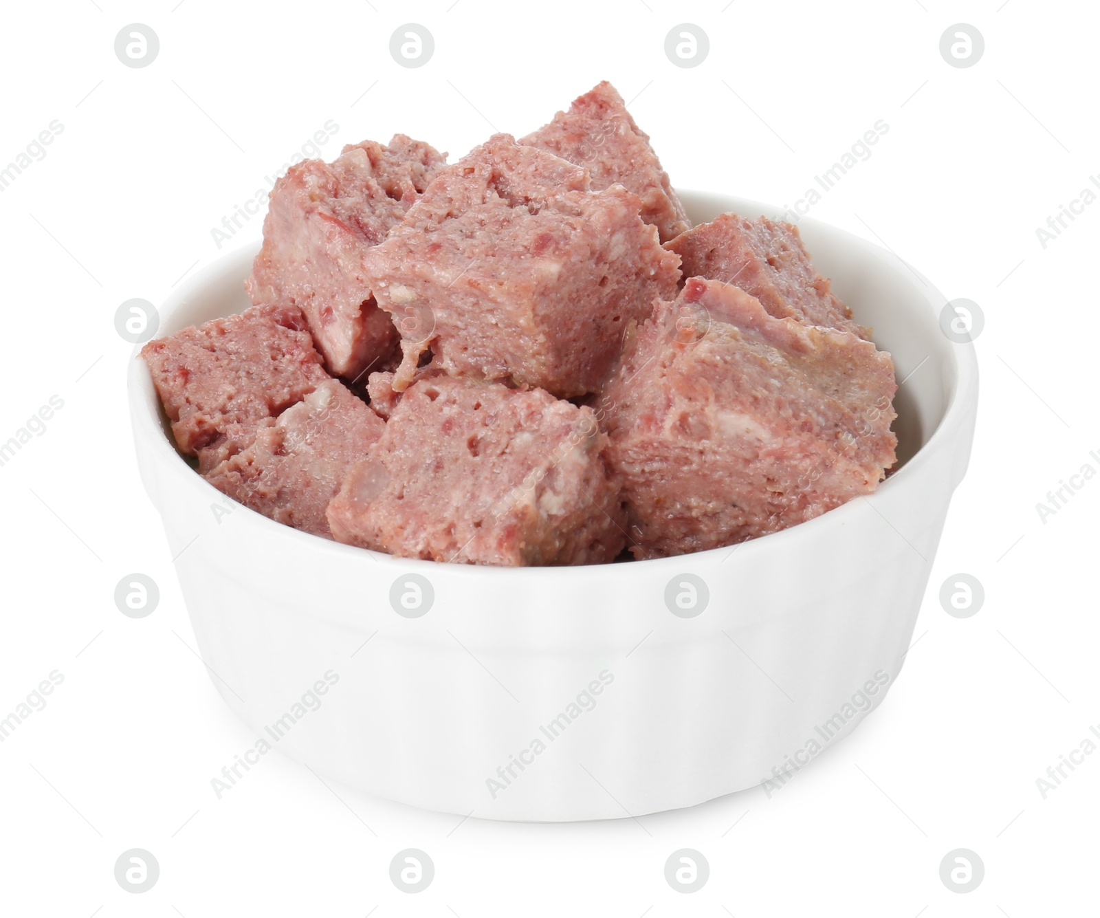 Photo of Canned meat in bowl isolated on white