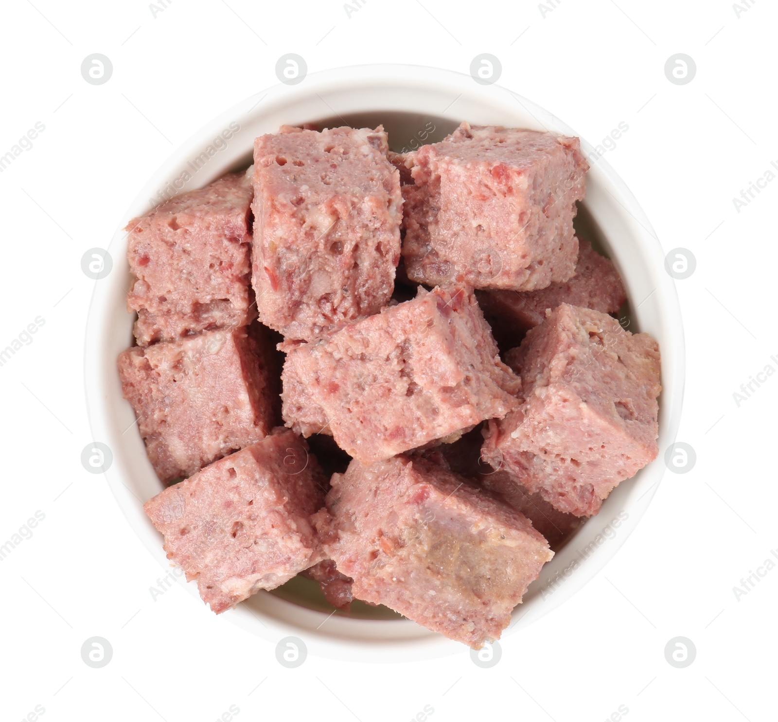 Photo of Canned meat in bowl isolated on white, top view