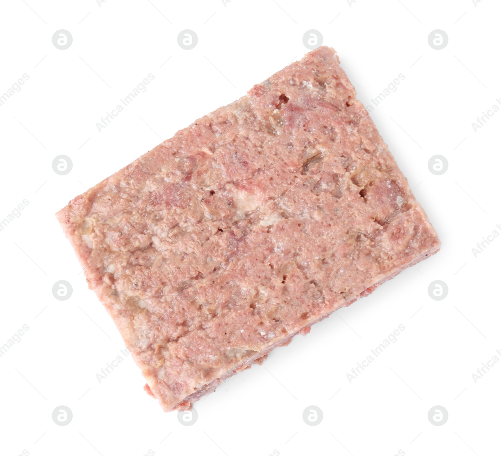 Photo of Canned meat isolated on white, top view