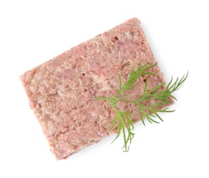 Photo of Canned meat with fresh dill isolated on white, top view