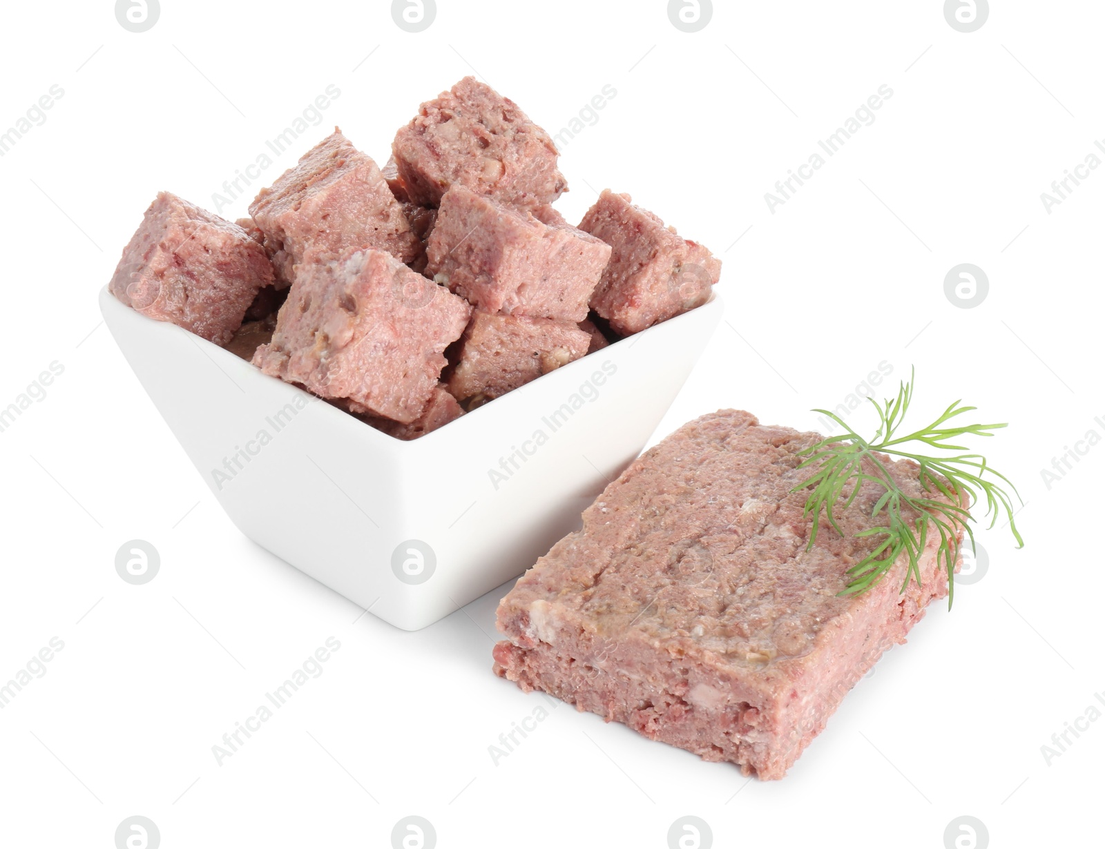 Photo of Canned meat with fresh dill isolated on white