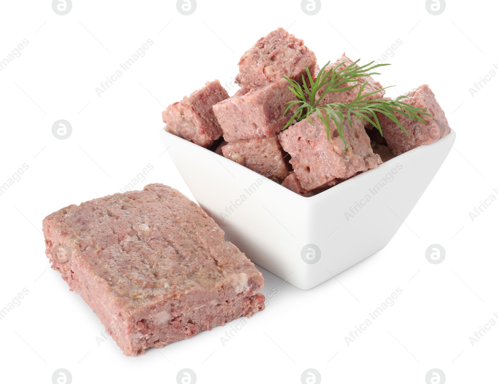 Photo of Canned meat with fresh dill isolated on white