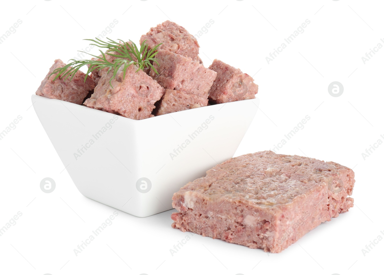 Photo of Canned meat with fresh dill isolated on white