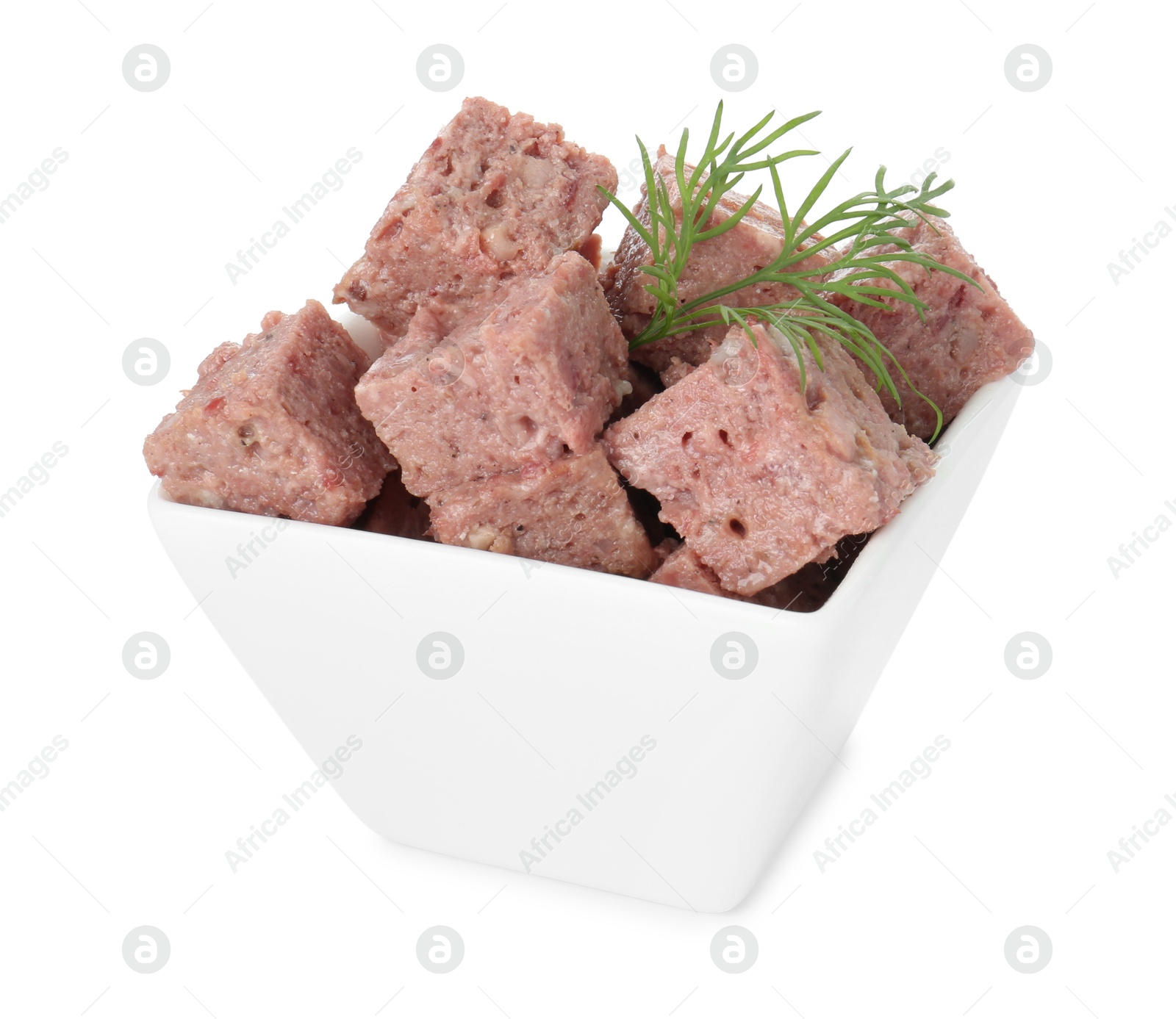 Photo of Canned meat with fresh dill in bowl isolated on white