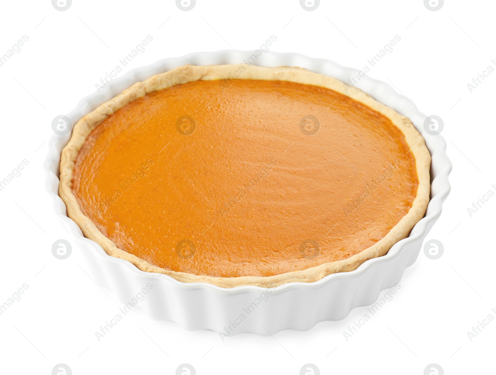 Photo of Tasty homemade pumpkin pie isolated on white