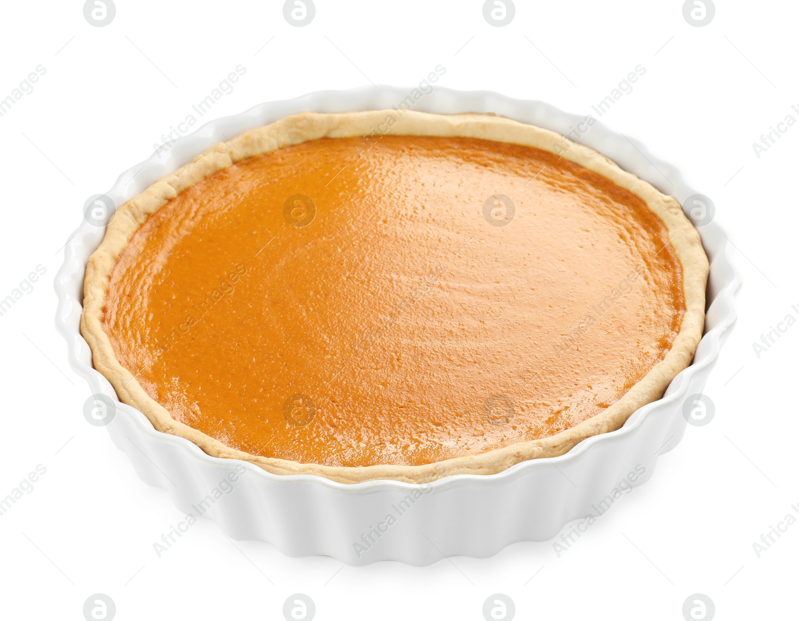 Photo of Tasty homemade pumpkin pie isolated on white