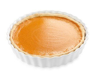 Photo of Tasty homemade pumpkin pie isolated on white