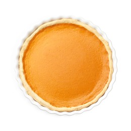 Photo of Tasty homemade pumpkin pie isolated on white, top view