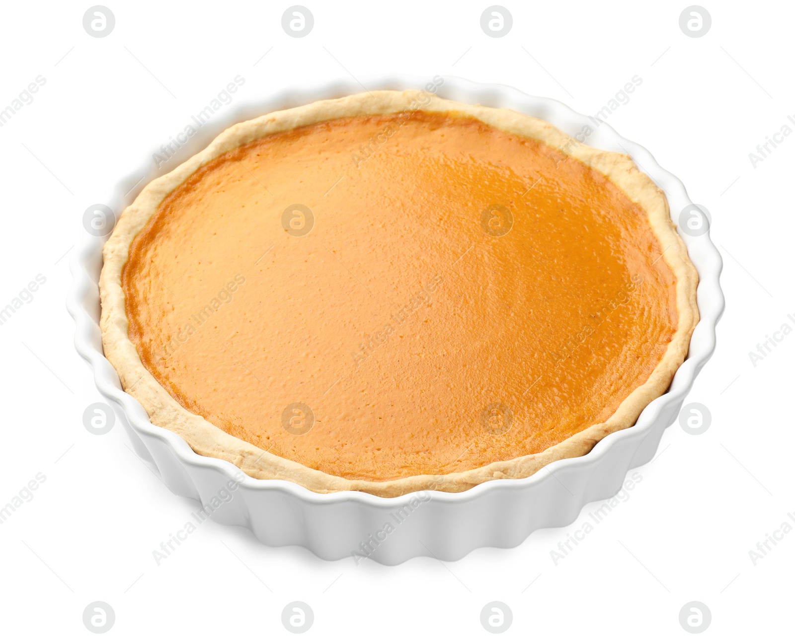 Photo of Tasty homemade pumpkin pie isolated on white