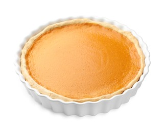 Photo of Tasty homemade pumpkin pie isolated on white