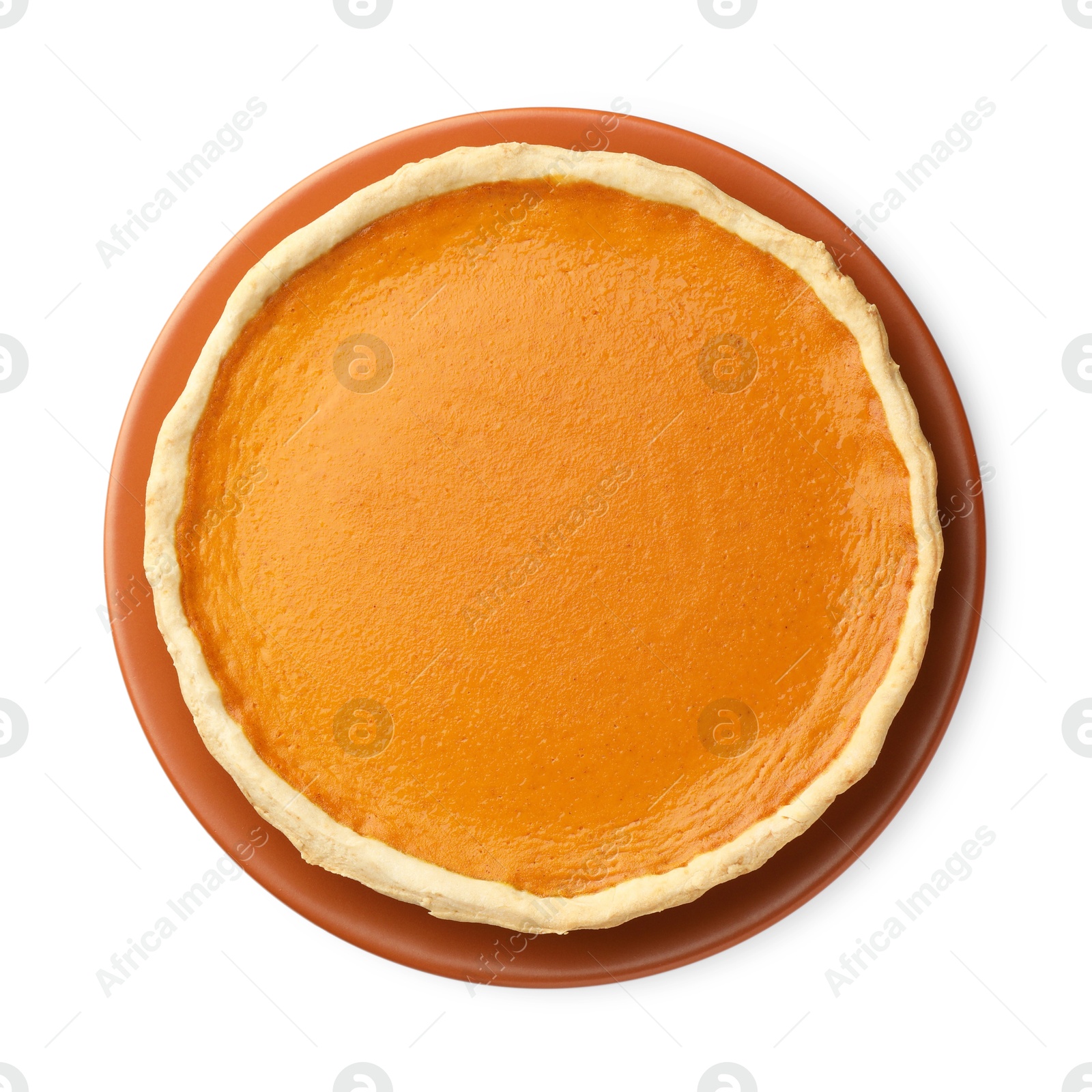 Photo of Tasty homemade pumpkin pie isolated on white, top view