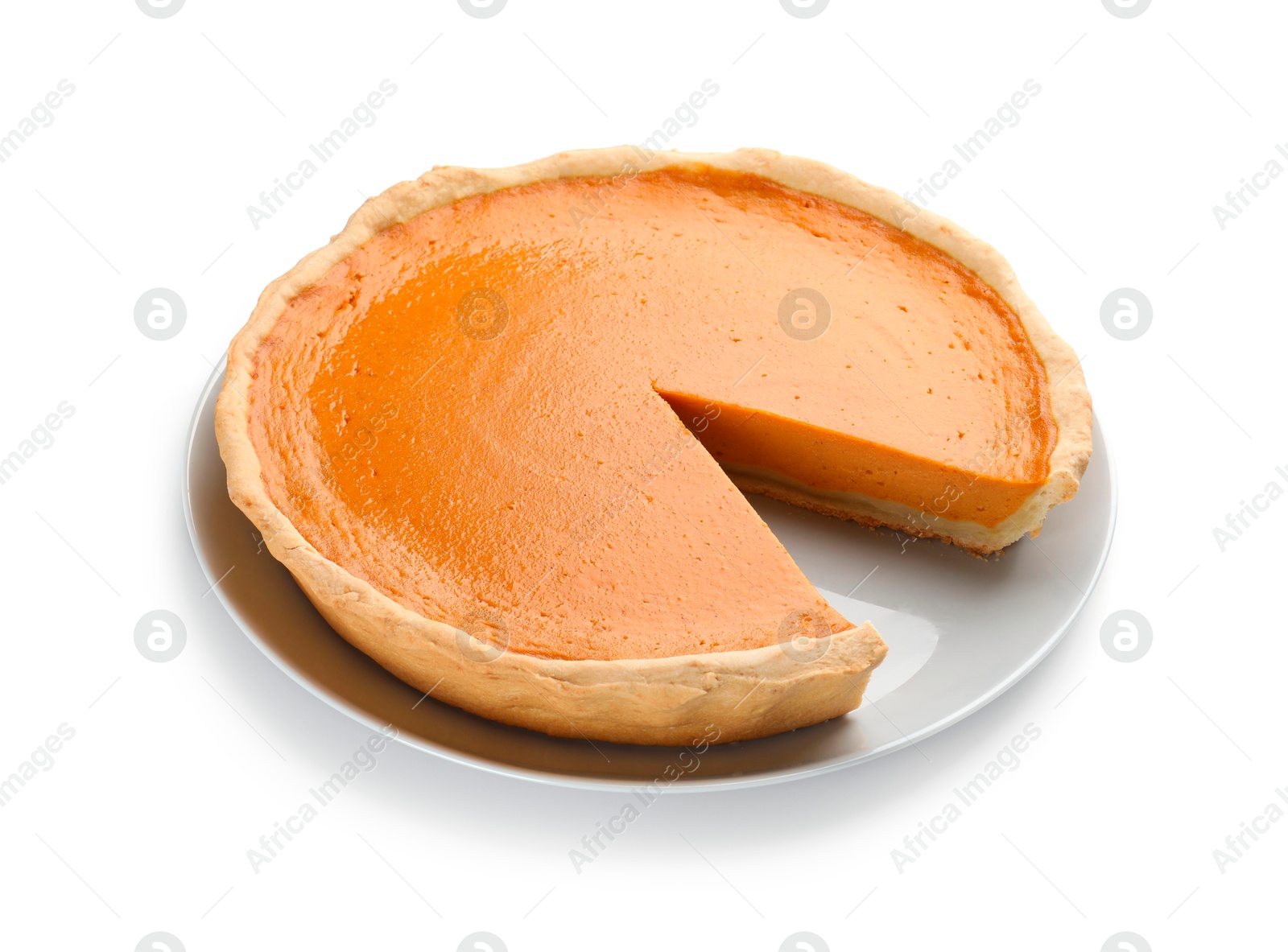 Photo of Tasty homemade pumpkin pie isolated on white