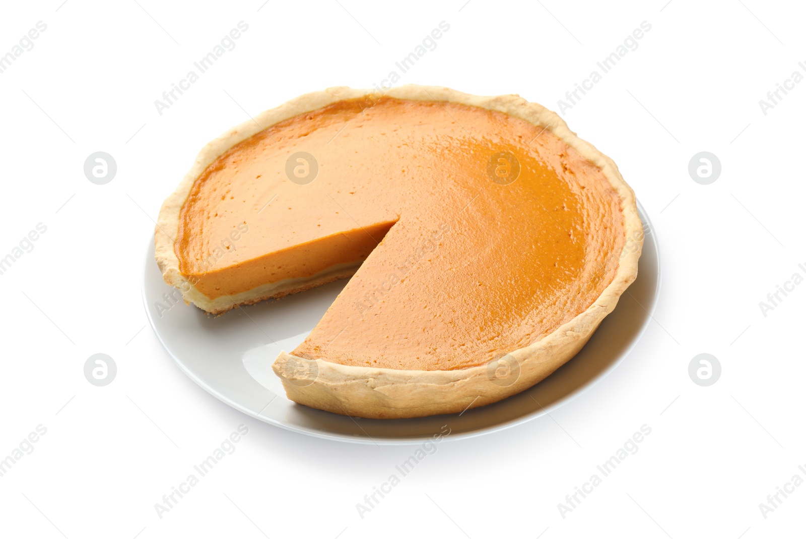 Photo of Tasty homemade pumpkin pie isolated on white