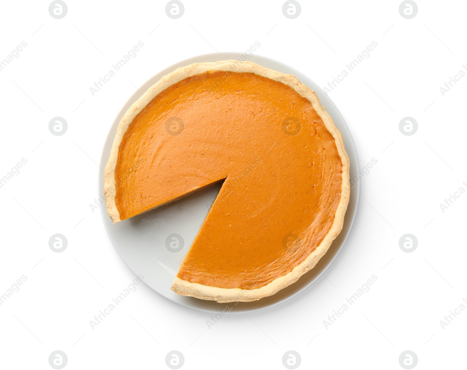 Photo of Tasty homemade pumpkin pie isolated on white, top view