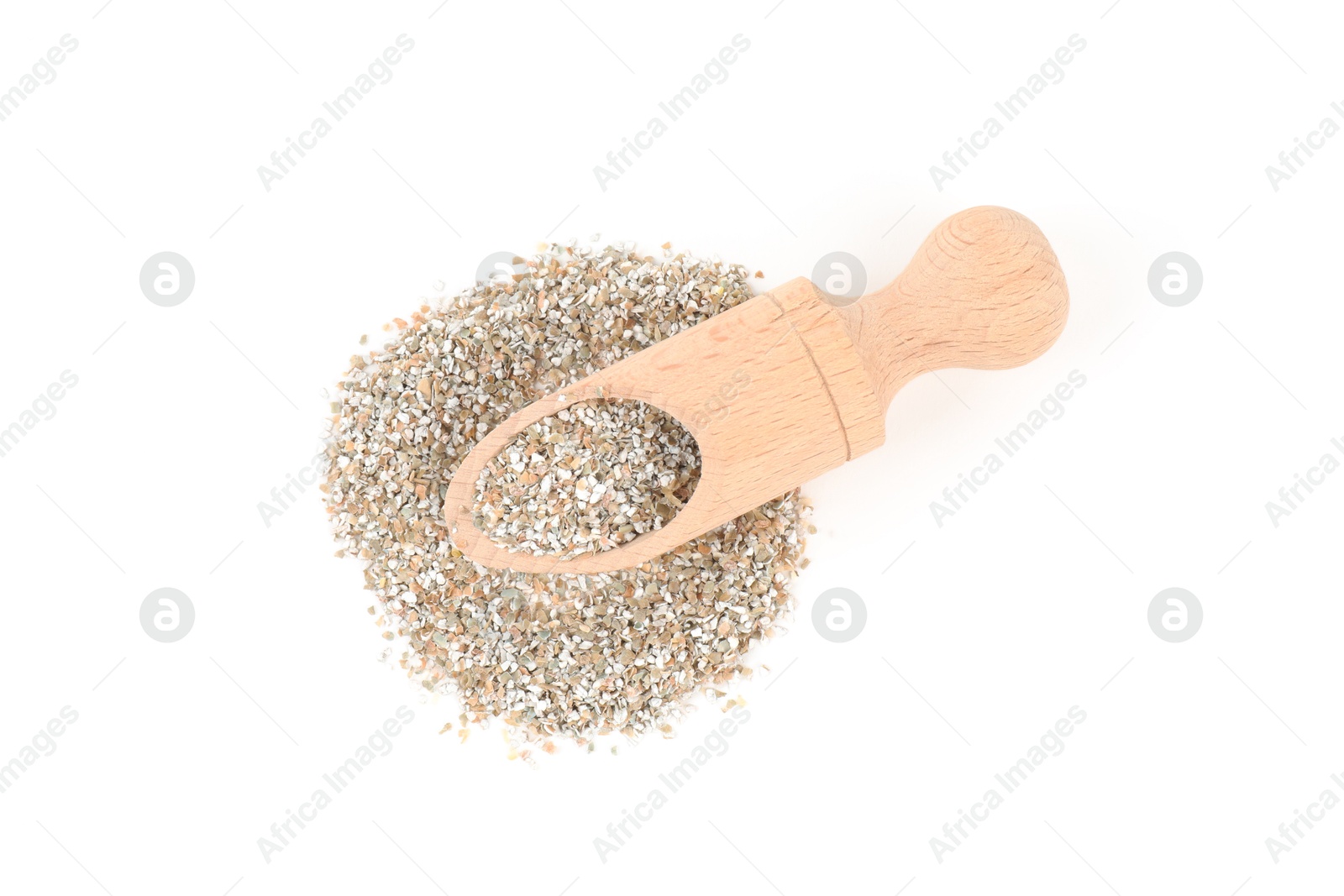 Photo of Rye bran in wooden scoop isolated on white, top view