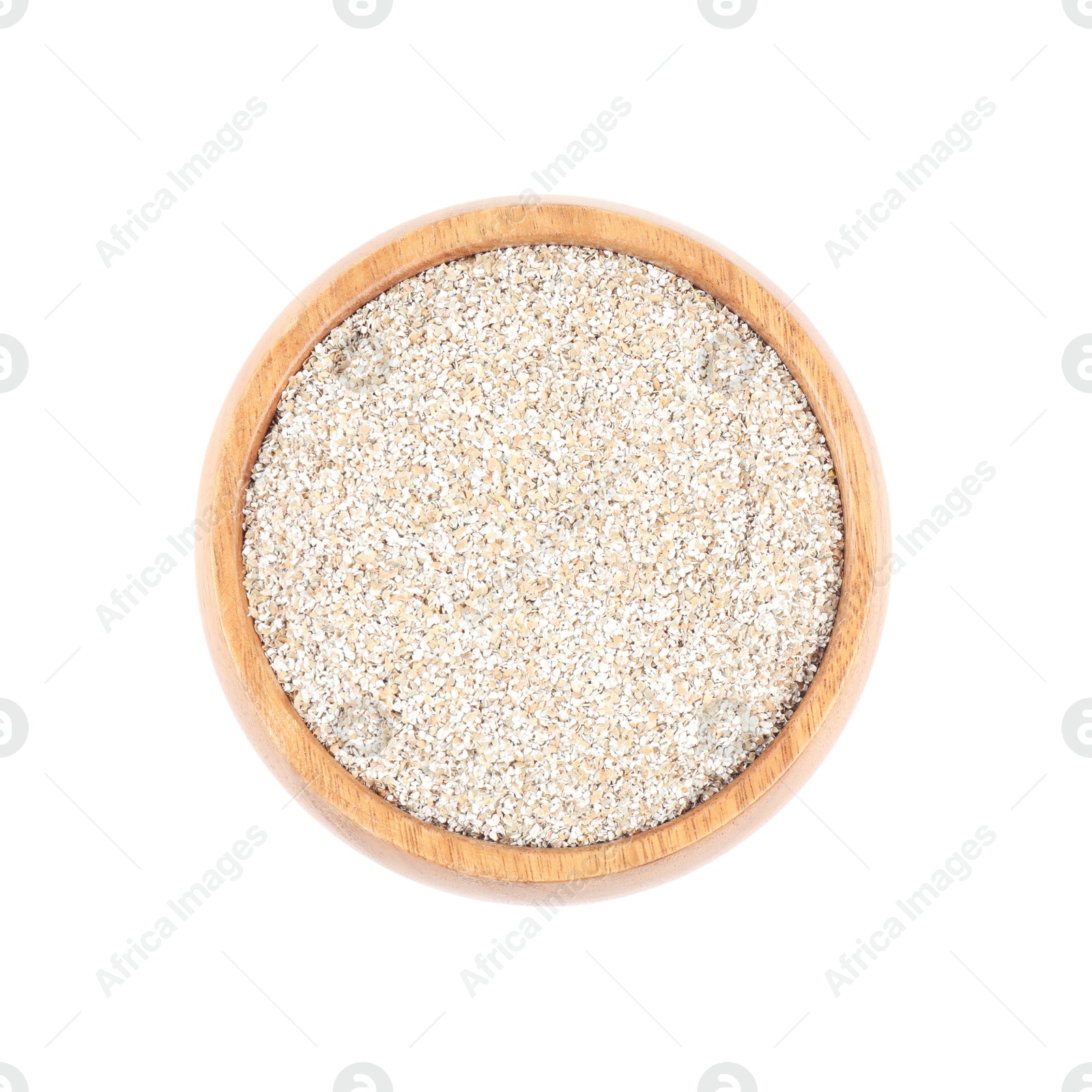 Photo of Rye bran in bowl isolated on white, top view