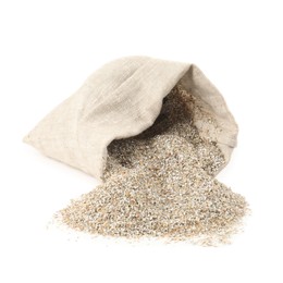 Photo of Rye bran in burlap sack isolated on white