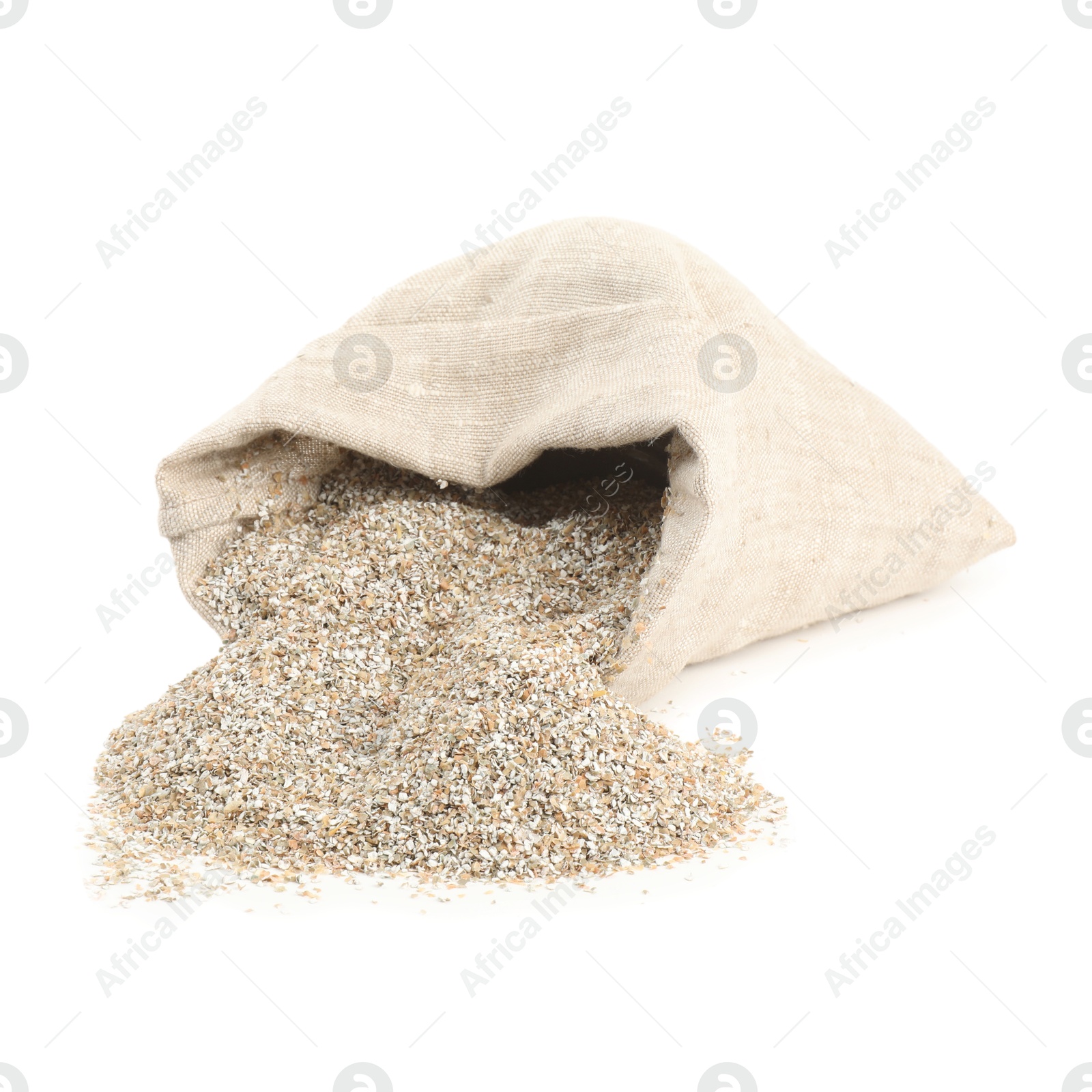 Photo of Rye bran in burlap sack isolated on white