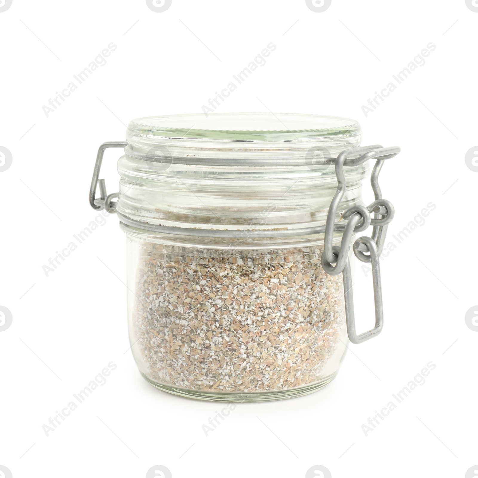 Photo of Rye bran in glass jar isolated on white