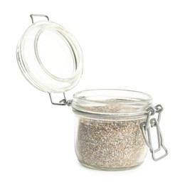 Rye bran in glass jar isolated on white