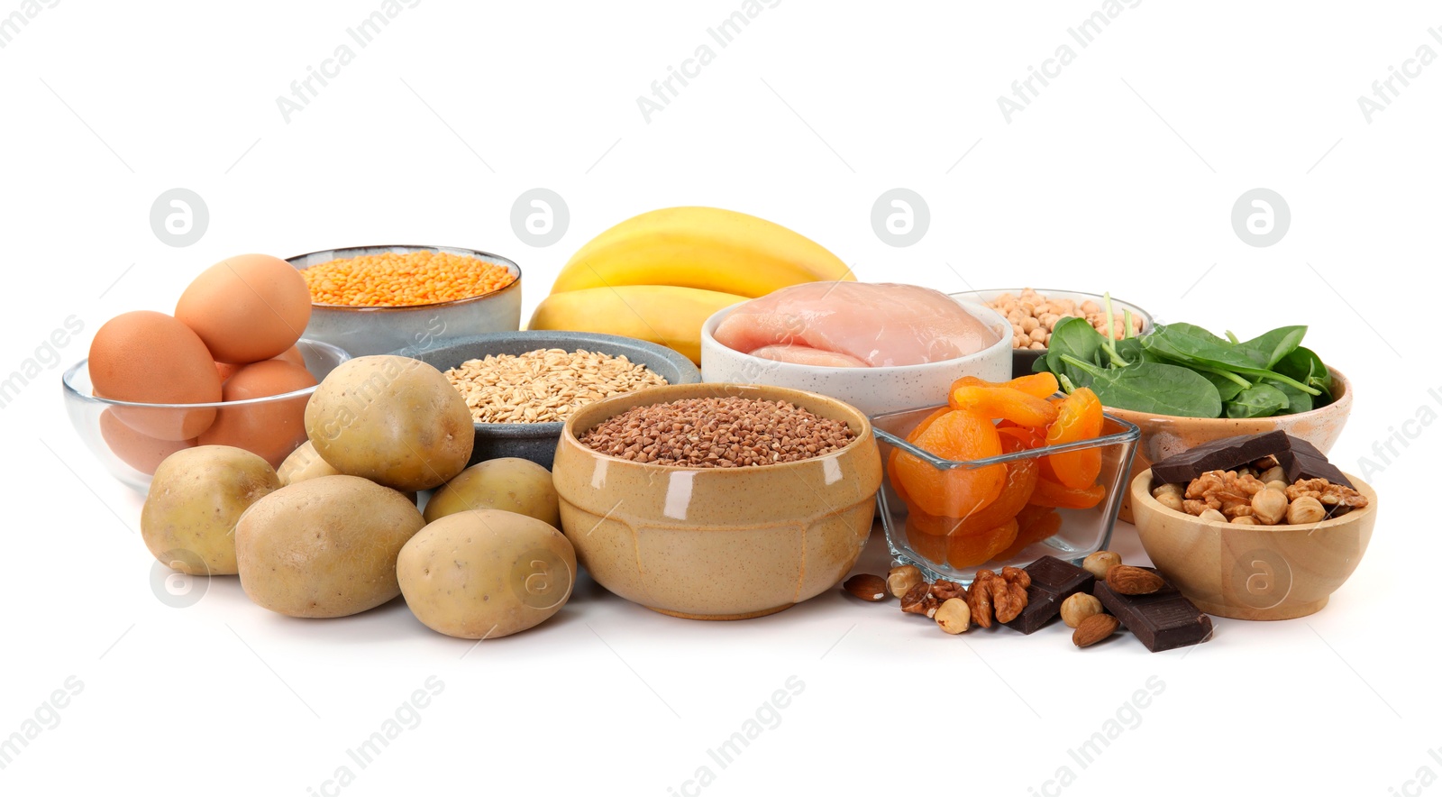 Photo of Different products rich in iron on white background. Anemia diet plan