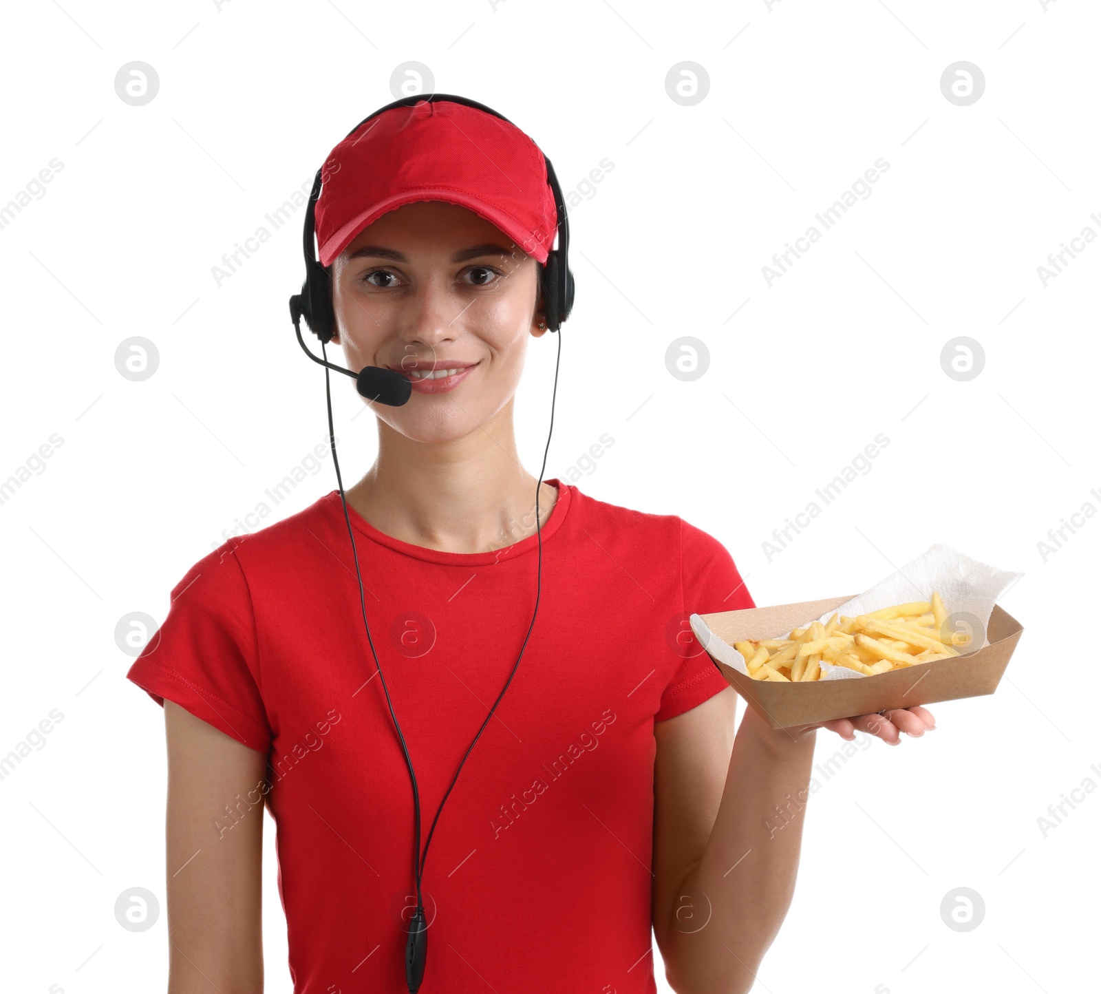 Photo of Fast-food worker holding paper container with fries on white background