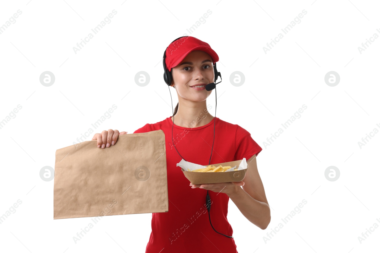 Photo of Fast-food worker with paper bag and fries on white background