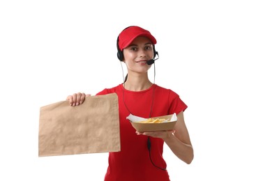 Photo of Fast-food worker with paper bag and fries on white background