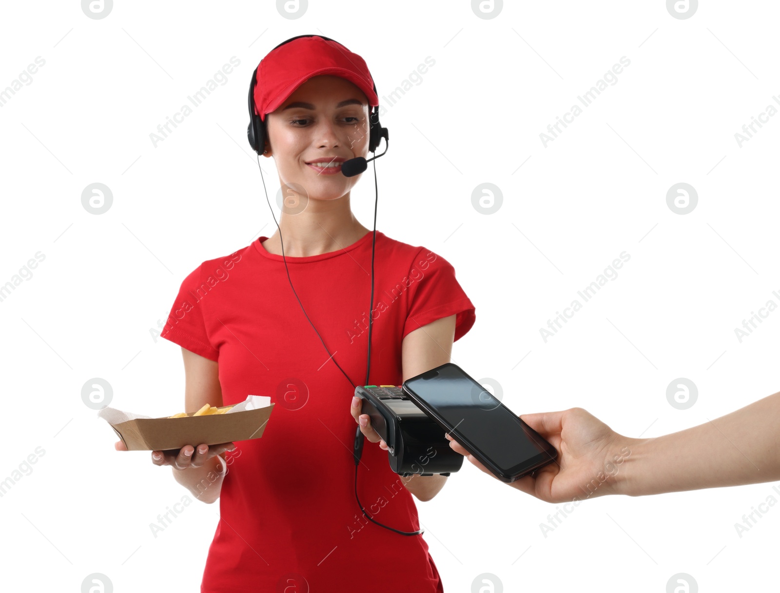 Photo of Fast-food worker taking payment from client via terminal on white background, closeup