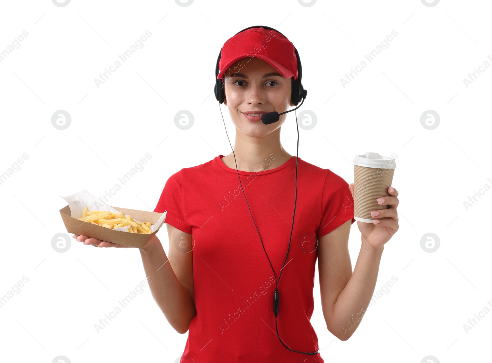 Photo of Fast-food worker with paper cup and fries on white background