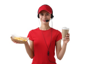 Fast-food worker with paper cup and fries on white background