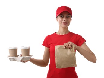 Photo of Fast-food worker with paper cups and bag on white background