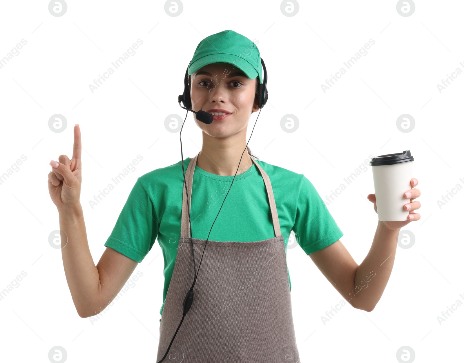 Photo of Fast-food worker with paper cup on white background