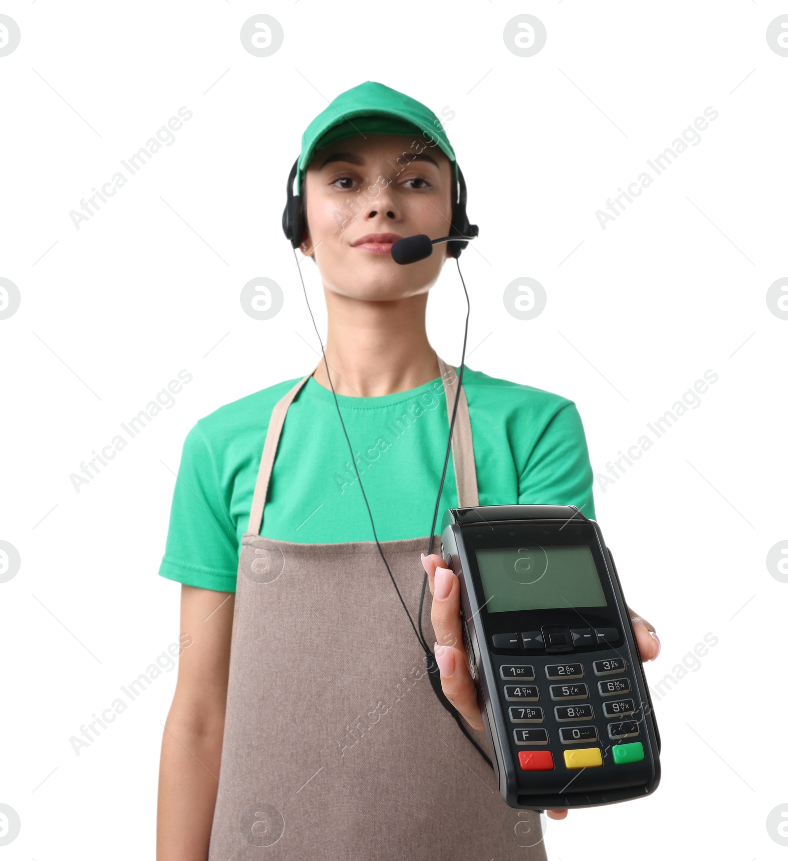 Photo of Fast-food worker with headset and payment terminal on white background